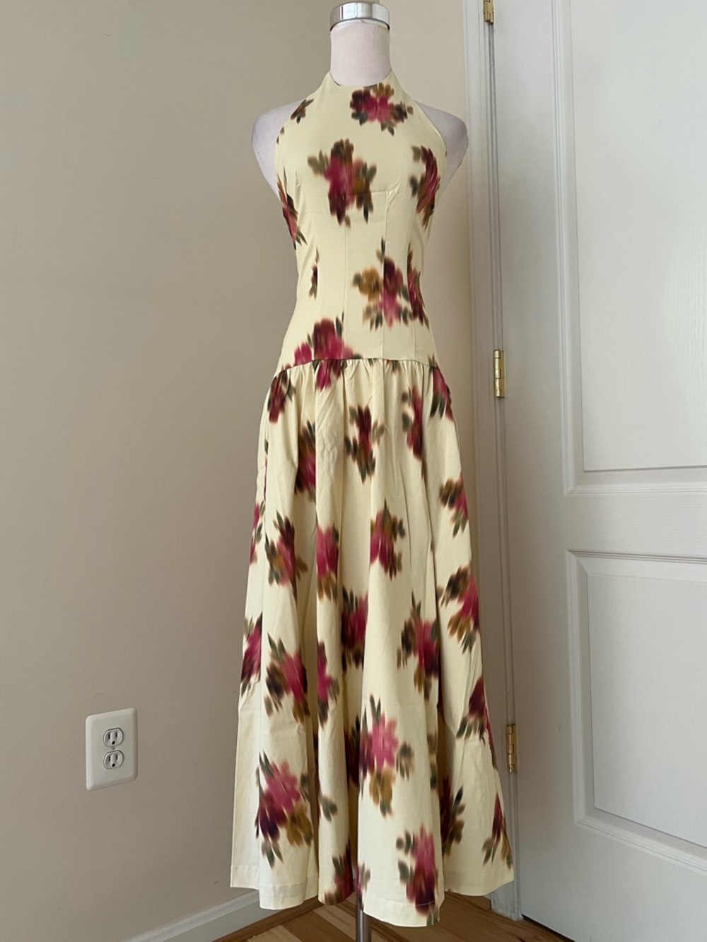 Weworewhat Halter Floral Midi Dress in Cream with Red Floral Print